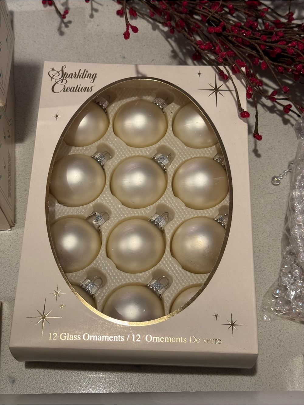 VTG Pearl White Glass Ornaments - Set of 12